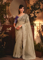 Thumbnail for Monjolika Fashion Designer Beige Tissue Organza Saree With All Over Butta Work & Heavy Stone Embellished Border