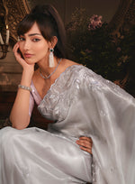 Thumbnail for Monjolika Fashion Designer Light Grey Tissue Organza Saree With All Over Butta Work & Heavy Stone Embellished Border
