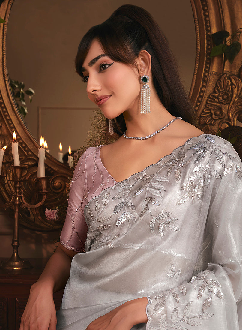 Monjolika Fashion Designer Light Grey Tissue Organza Saree With All Over Butta Work & Heavy Stone Embellished Border