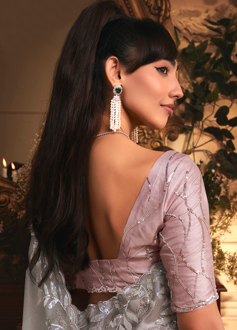 Monjolika Fashion Designer Light Grey Tissue Organza Saree With All Over Butta Work & Heavy Stone Embellished Border
