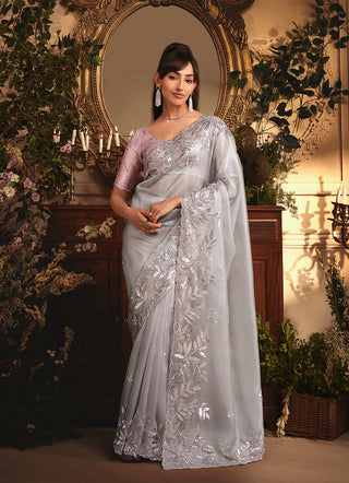 Monjolika Fashion Designer Light Grey Tissue Organza Saree With All Over Butta Work & Heavy Stone Embellished Border