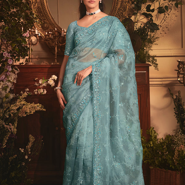Monjolika Fashion Designer Aqua Blue Tissue Organza Saree With All Over Butta Work & Heavy Stone Embellished Border
