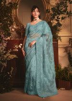 Thumbnail for Monjolika Fashion Designer Aqua Blue Tissue Organza Saree With All Over Butta Work & Heavy Stone Embellished Border