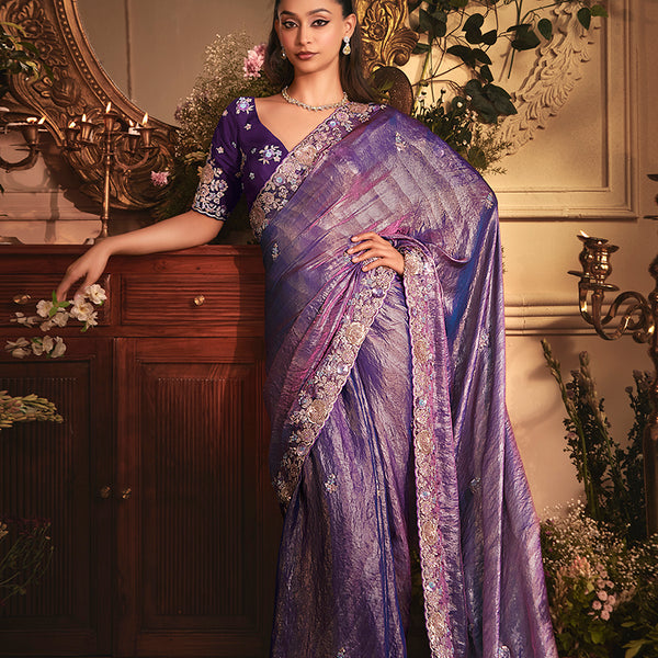 Monjolika Fashion Designer Purple Tissue Organza Saree With All Over Butta Work & Heavy Stone Embellished Border