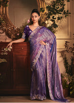 Thumbnail for Monjolika Fashion Designer Purple Tissue Organza Saree With All Over Butta Work & Heavy Stone Embellished Border