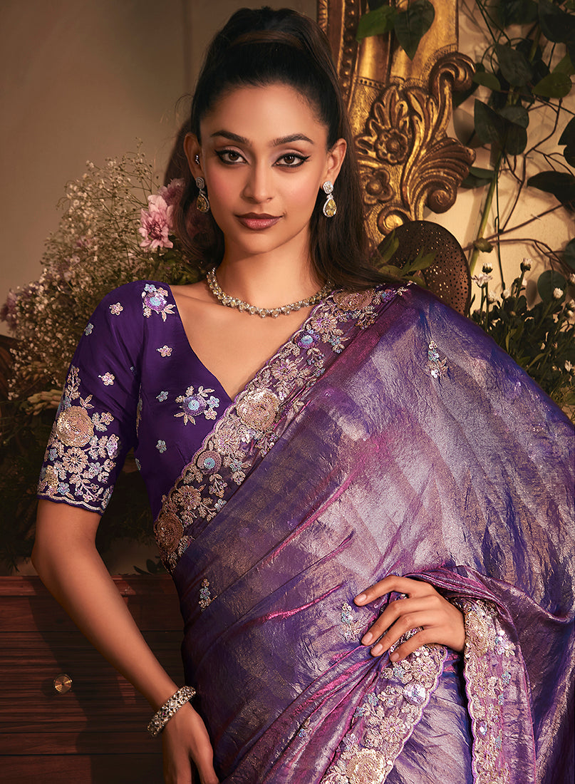 Monjolika Fashion Designer Purple Tissue Organza Saree With All Over Butta Work & Heavy Stone Embellished Border