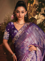 Thumbnail for Monjolika Fashion Designer Purple Tissue Organza Saree With All Over Butta Work & Heavy Stone Embellished Border