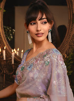 Thumbnail for Monjolika Fashion Designer Light Lilac Tissue Organza Saree With All Over Butta Work & Heavy Stone Embellished Border
