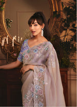 Thumbnail for Monjolika Fashion Designer Light Lilac Tissue Organza Saree With All Over Butta Work & Heavy Stone Embellished Border