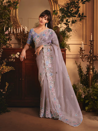 Monjolika Fashion Designer Light Lilac Tissue Organza Saree With All Over Butta Work & Heavy Stone Embellished Border