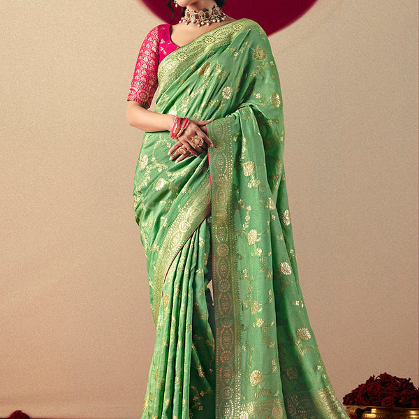 Monjolika Fashion Viscose Silk Green Saree With Rich Zari Weaving & Designer Tassels