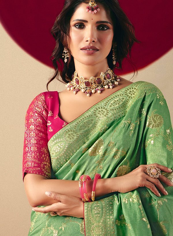Monjolika Fashion Viscose Silk Green Saree With Rich Zari Weaving & Designer Tassels