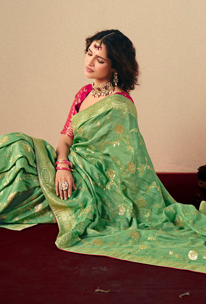 Monjolika Fashion Viscose Silk Green Saree With Rich Zari Weaving & Designer Tassels