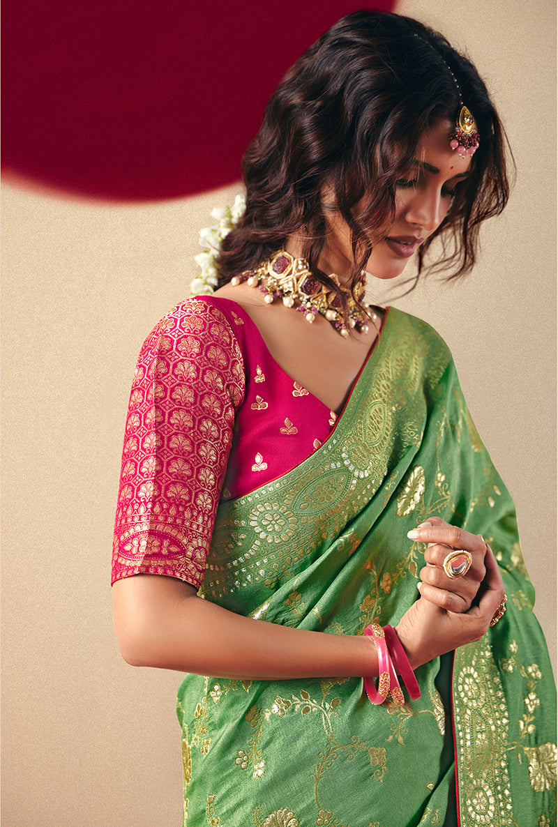 Monjolika Fashion Viscose Silk Green Saree With Rich Zari Weaving & Designer Tassels