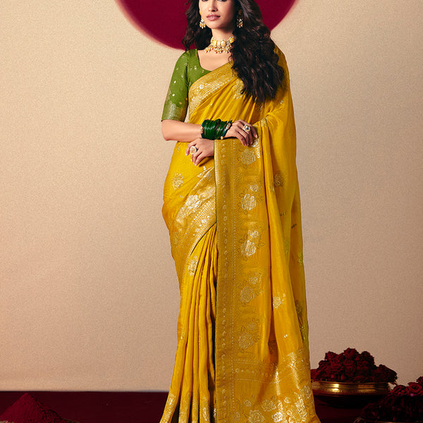 Monjolika Fashion Viscose Silk Mustard Saree With Rich Zari Weaving & Designer Tassels