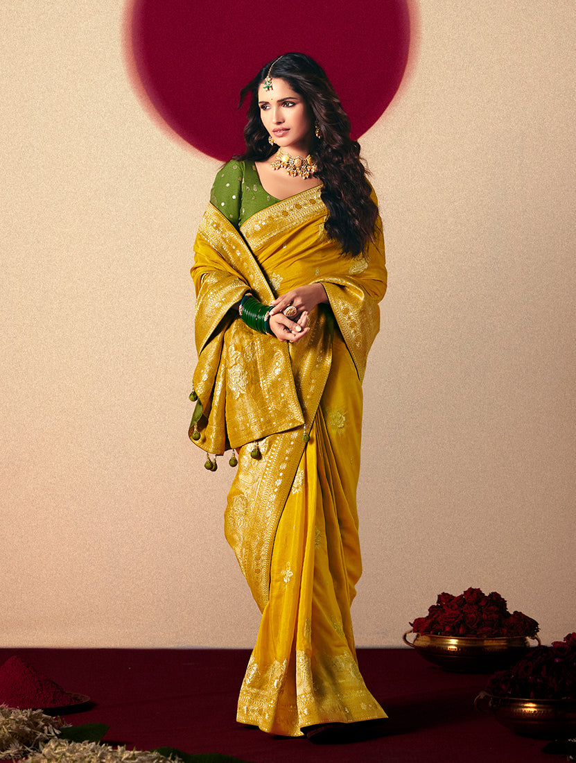 Monjolika Fashion Viscose Silk Mustard Saree With Rich Zari Weaving & Designer Tassels