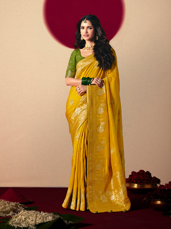 Monjolika Fashion Viscose Silk Mustard Saree With Rich Zari Weaving & Designer Tassels