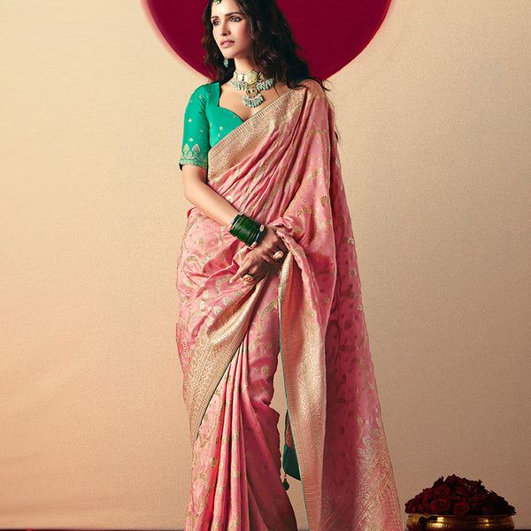 Monjolika Fashion Viscose Silk Light Pink Saree With Rich Zari Weaving & Designer Tassels