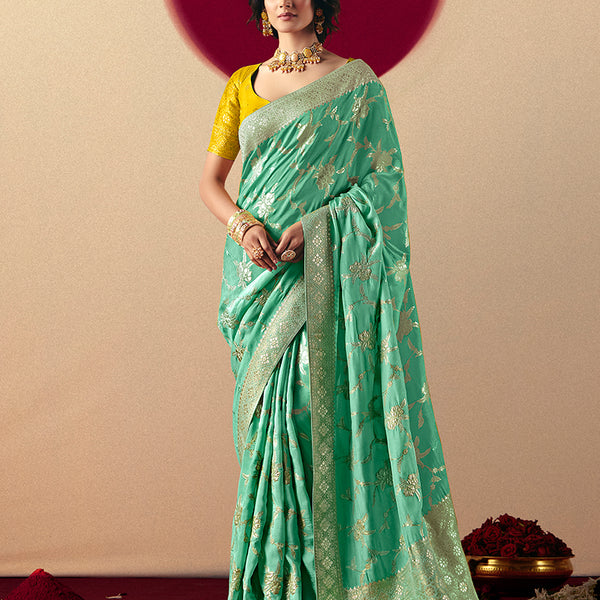 Monjolika Fashion Viscose Silk Sea Green Saree With Rich Zari Weaving & Designer Tassels