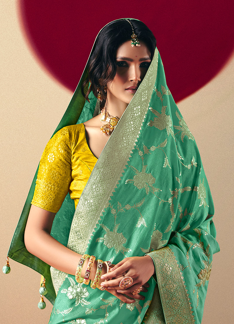 Monjolika Fashion Viscose Silk Sea Green Saree With Rich Zari Weaving & Designer Tassels