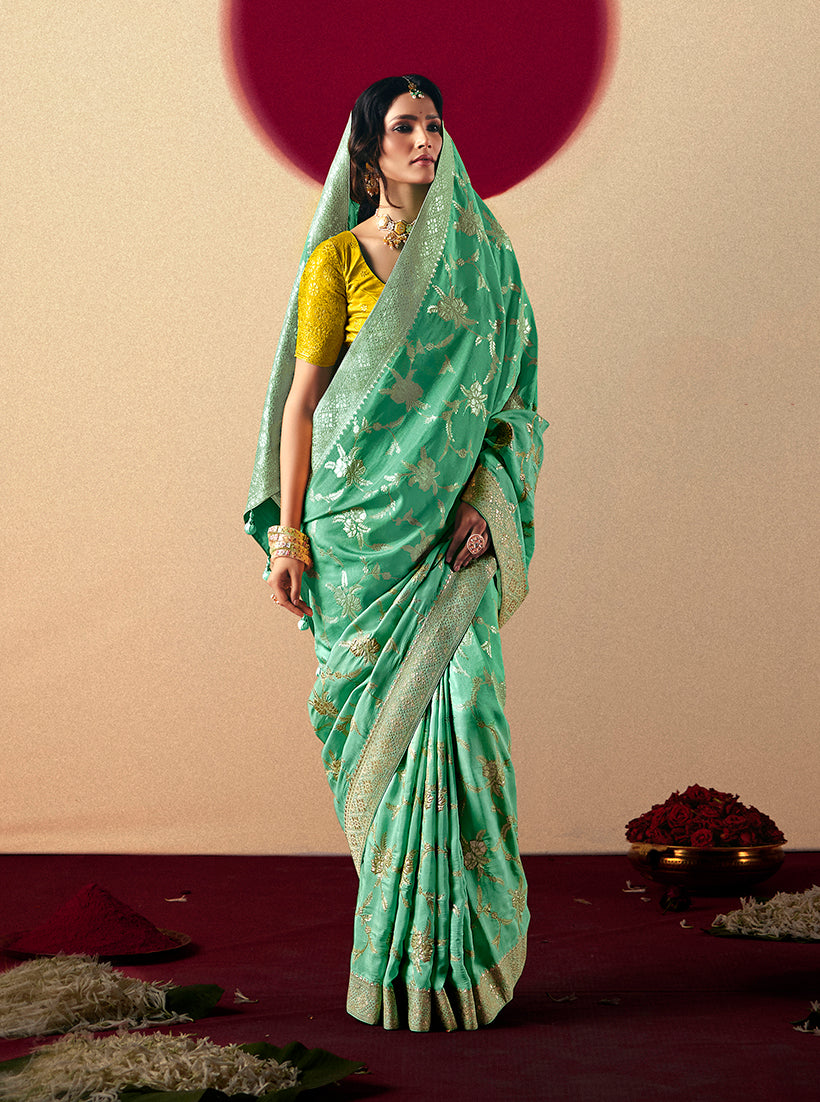 Monjolika Fashion Viscose Silk Sea Green Saree With Rich Zari Weaving & Designer Tassels