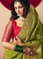 Thumbnail for Monjolika Fashion Viscose Silk Olive Green Saree With Rich Zari Weaving & Designer Tassels