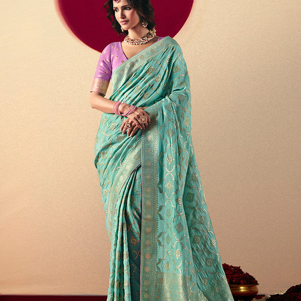 Monjolika Fashion Viscose Silk Aqua Blue Saree With Rich Zari Weaving & Designer Tassels