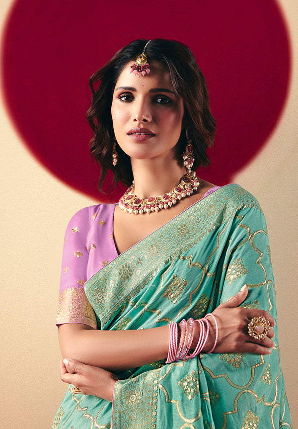 Monjolika Fashion Viscose Silk Aqua Blue Saree With Rich Zari Weaving & Designer Tassels