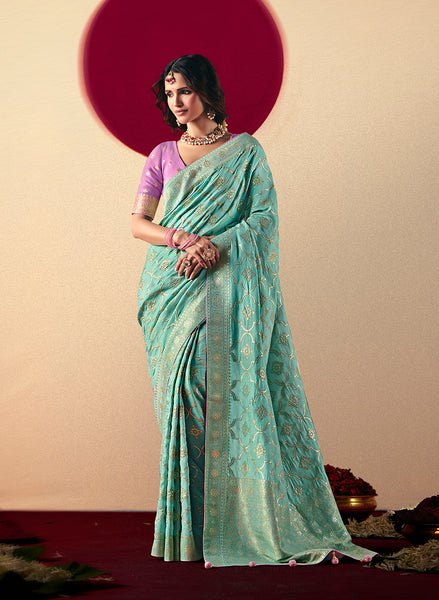 Monjolika Fashion Viscose Silk Aqua Blue Saree With Rich Zari Weaving & Designer Tassels