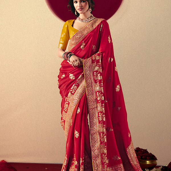 Monjolika Fashion Viscose Silk Red Saree With Rich Zari Weaving & Designer Tassels