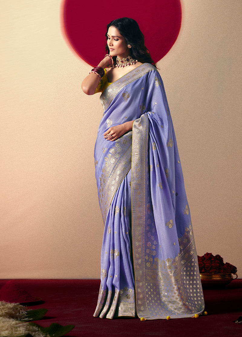 Monjolika Fashion Viscose Silk Lavender Saree With Rich Zari Weaving & Designer Tassels