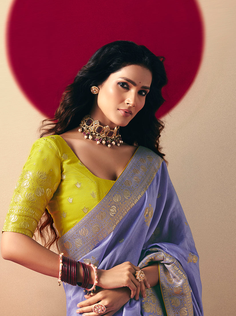 Monjolika Fashion Viscose Silk Lavender Saree With Rich Zari Weaving & Designer Tassels