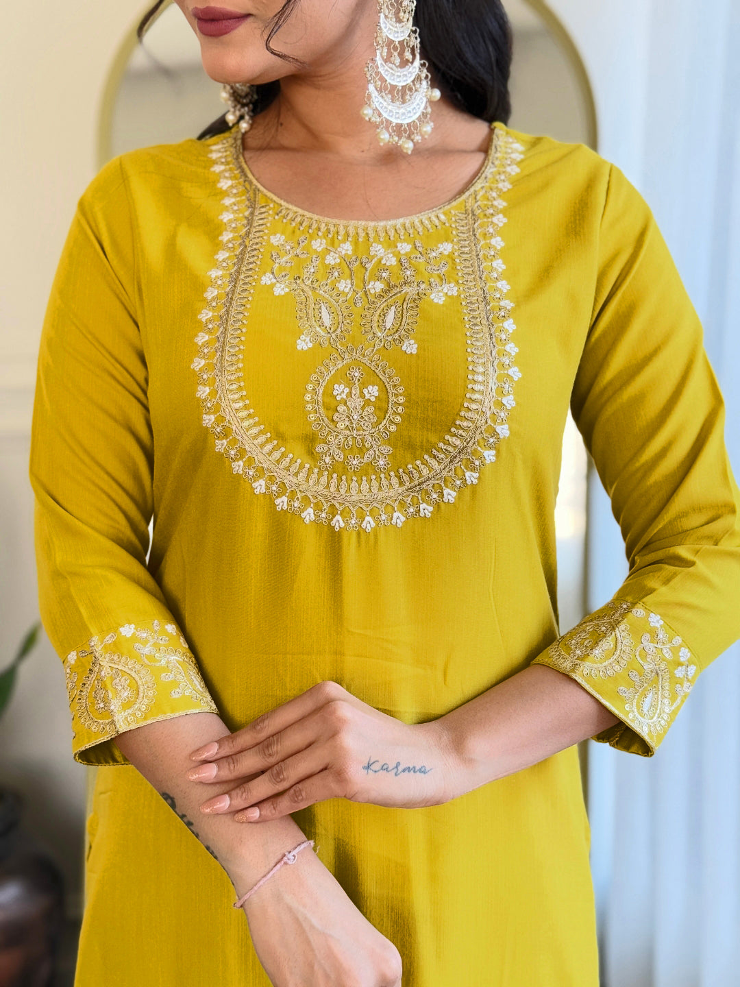 The52 Beautiful Embroidery Work with Rayon Slub Fabric Straight Kurta, Pant and Dupatta Set