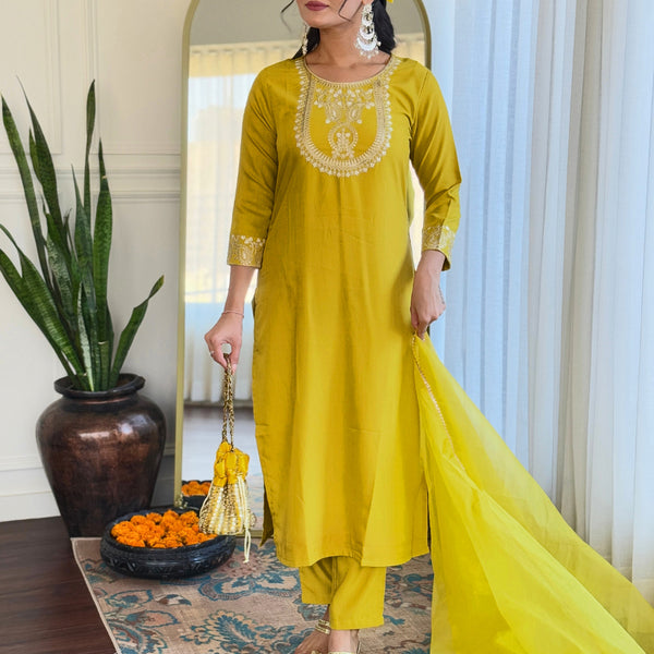 The52 Beautiful Embroidery Work with Rayon Slub Fabric Straight Kurta, Pant and Dupatta Set - Distacart