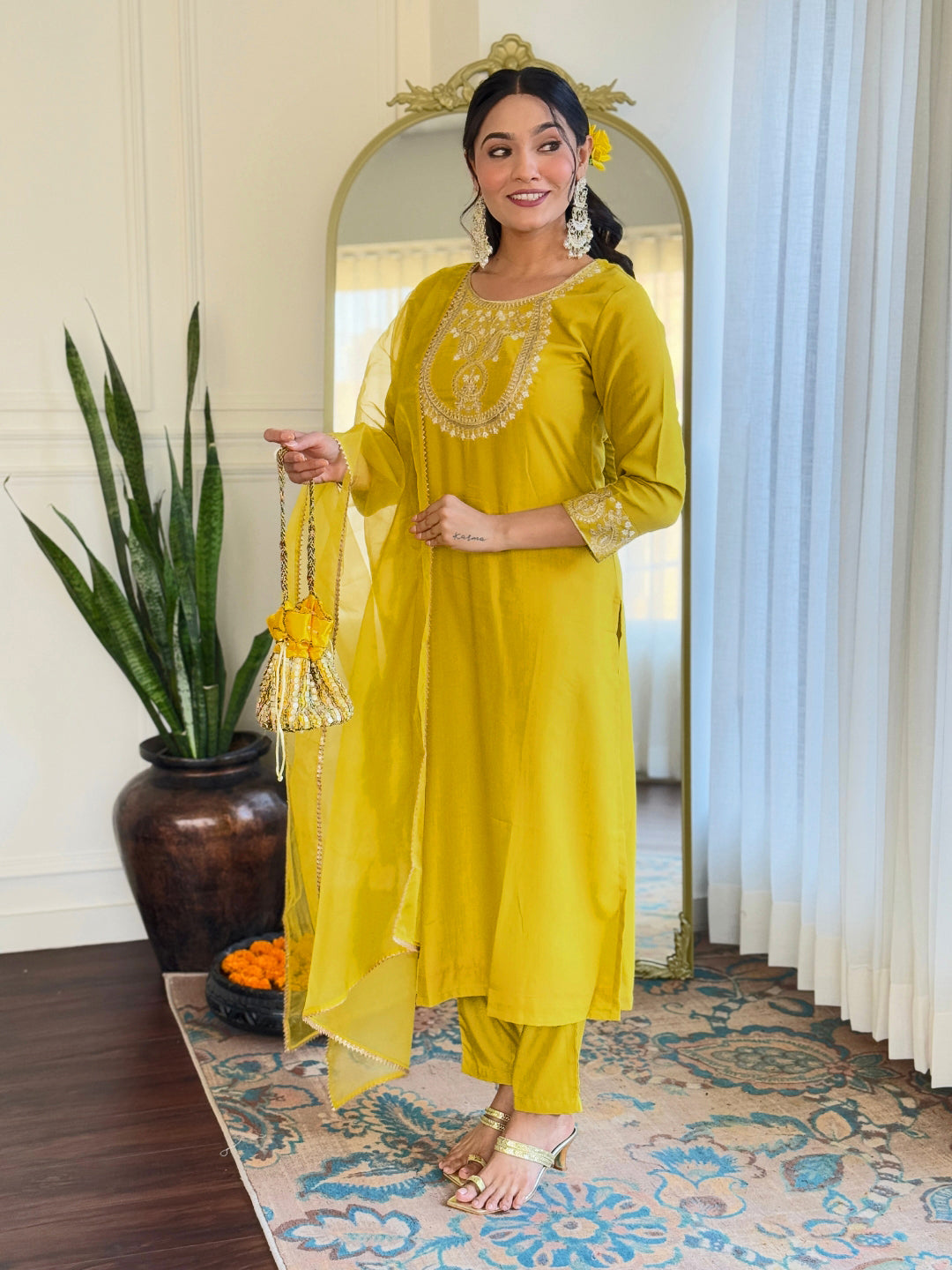 The52 Beautiful Embroidery Work with Rayon Slub Fabric Straight Kurta, Pant and Dupatta Set