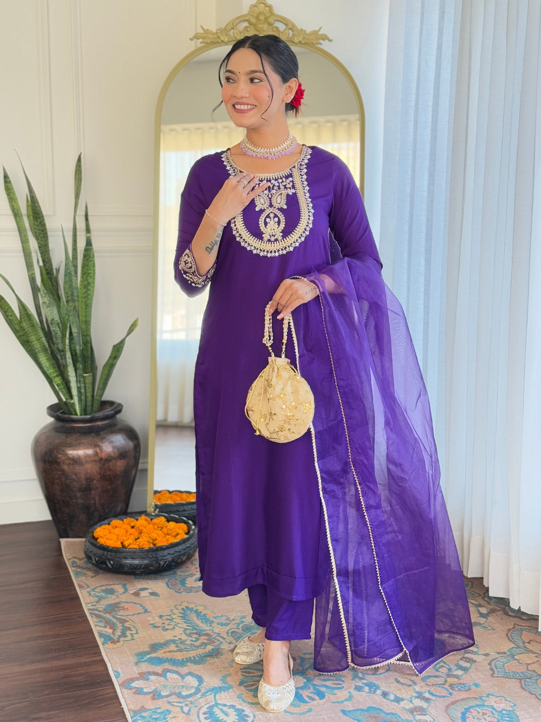 The52 Beautiful Embroidery Work with Rayon Slub Fabric Straight Kurta, Pant and Dupatta Set