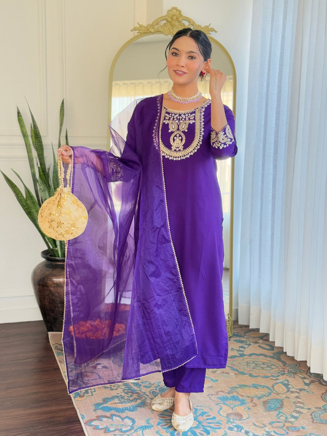 The52 Beautiful Embroidery Work with Rayon Slub Fabric Straight Kurta, Pant and Dupatta Set