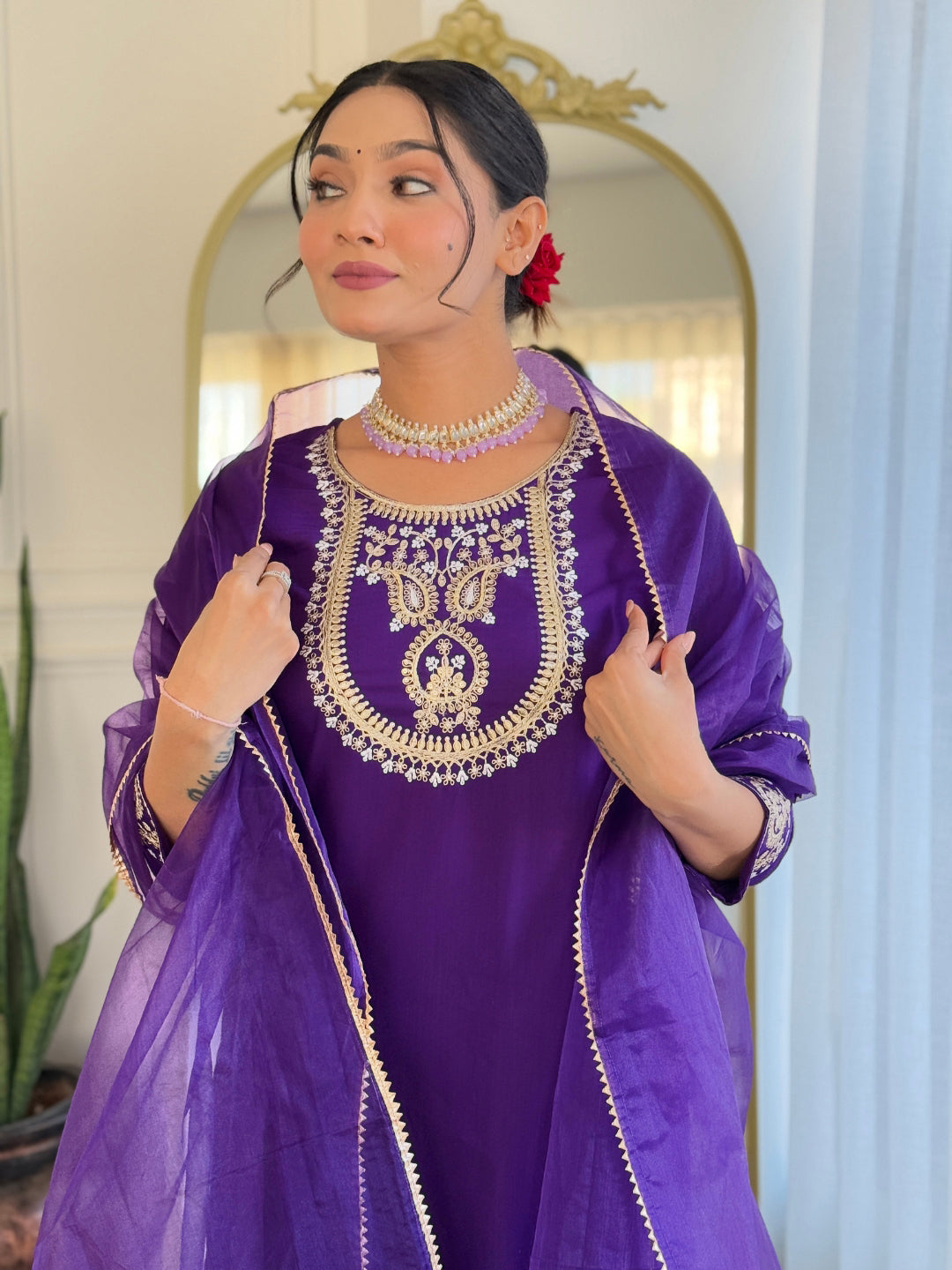 The52 Beautiful Embroidery Work with Rayon Slub Fabric Straight Kurta, Pant and Dupatta Set