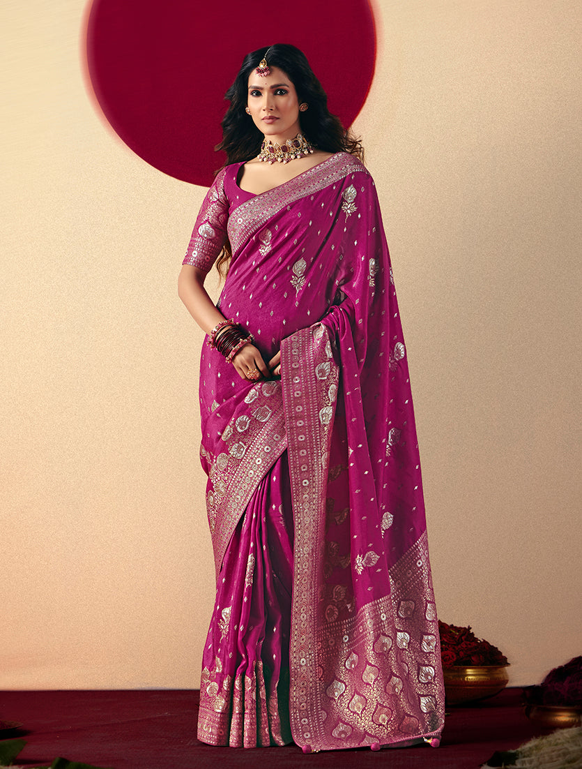 Monjolika Fashion Viscose Silk Magenta Saree With Rich Zari Weaving & Designer Tassels