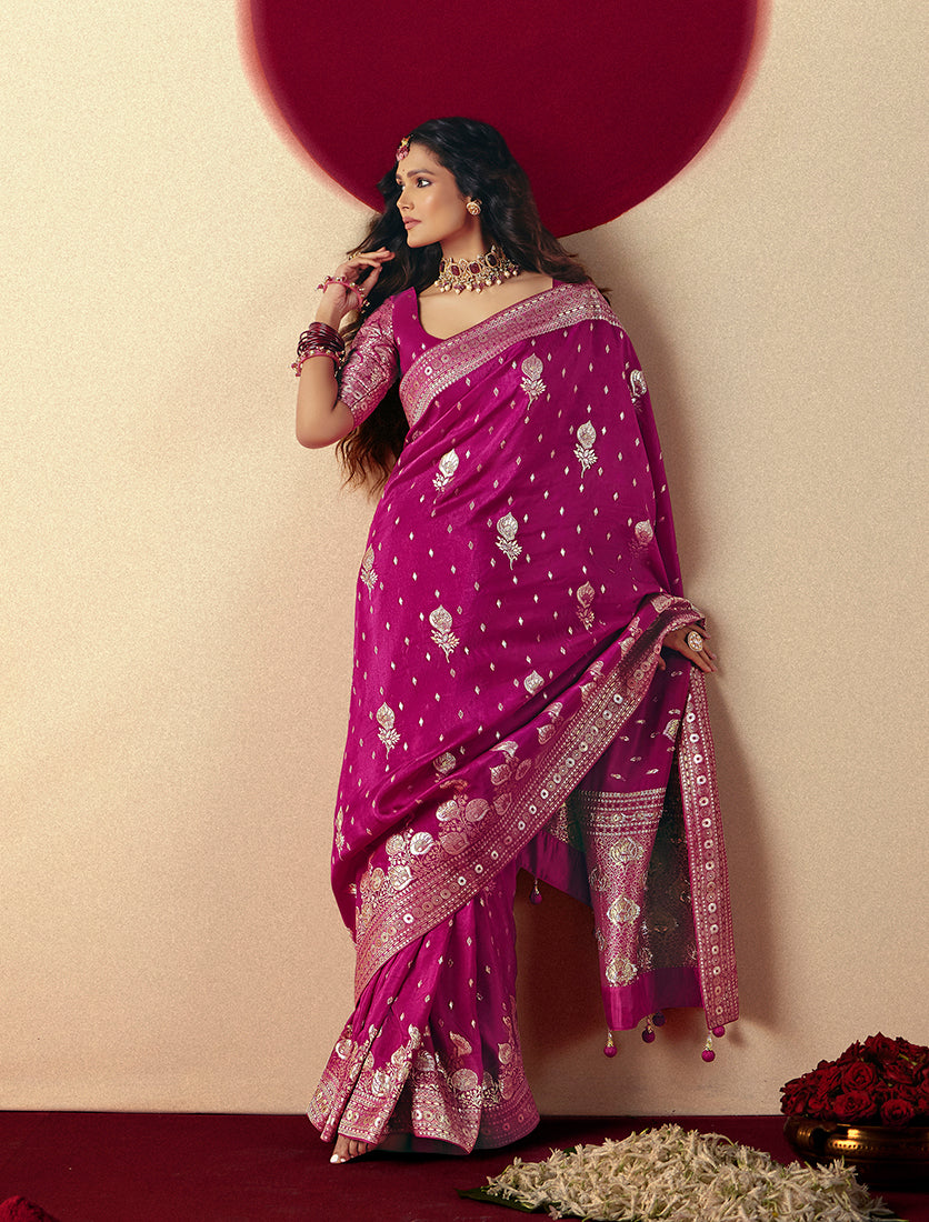 Monjolika Fashion Viscose Silk Magenta Saree With Rich Zari Weaving & Designer Tassels