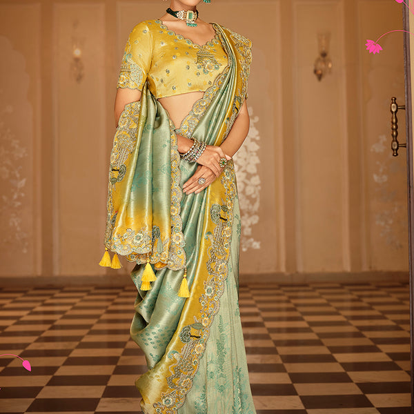 Monjolika Fashion Silk Blend Saree In Mint Green & Mustard Yellow With Meenakari Zari Weaving - Distacart