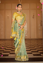 Thumbnail for Monjolika Fashion Silk Blend Saree In Mint Green & Mustard Yellow With Meenakari Zari Weaving