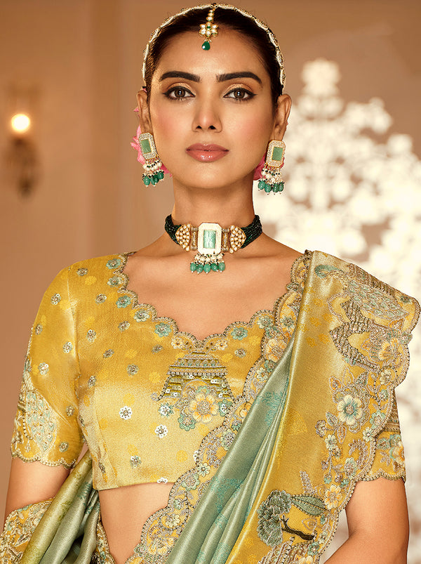 Monjolika Fashion Silk Blend Saree In Mint Green & Mustard Yellow With Meenakari Zari Weaving