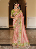 Thumbnail for Monjolika Fashion Silk Blend Saree In Pastel Pink & Olive Green With Floral Meenakari Zari Work