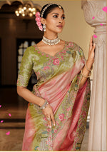 Thumbnail for Monjolika Fashion Silk Blend Saree In Pastel Pink & Olive Green With Floral Meenakari Zari Work