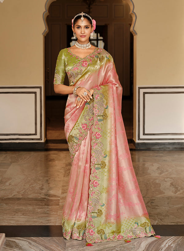 Monjolika Fashion Silk Blend Saree In Pastel Pink & Olive Green With Floral Meenakari Zari Work