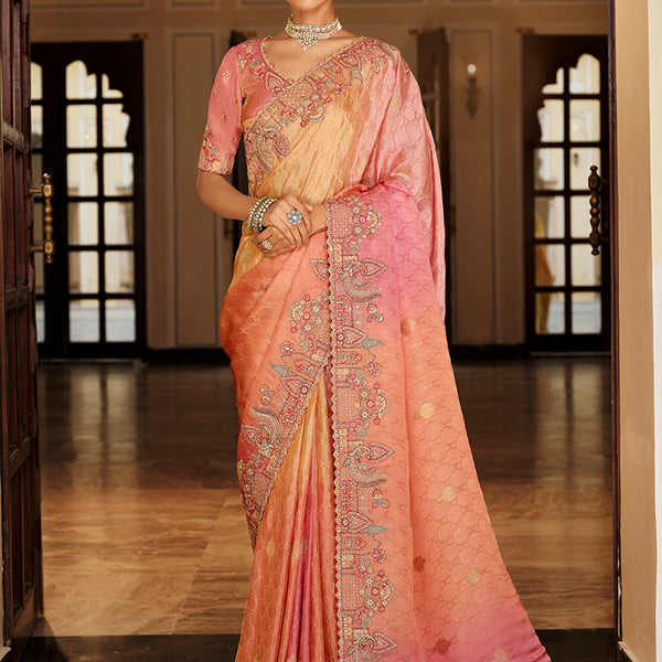 Monjolika Fashion Silk Blend Saree In Peach & Rose Pink With Intricate Meenakari Zari Detailing - Distacart