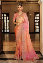 Thumbnail for Monjolika Fashion Silk Blend Saree In Peach & Rose Pink With Intricate Meenakari Zari Detailing