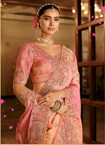 Thumbnail for Monjolika Fashion Silk Blend Saree In Peach & Rose Pink With Intricate Meenakari Zari Detailing