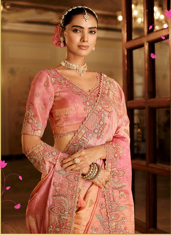 Monjolika Fashion Silk Blend Saree In Peach & Rose Pink With Intricate Meenakari Zari Detailing